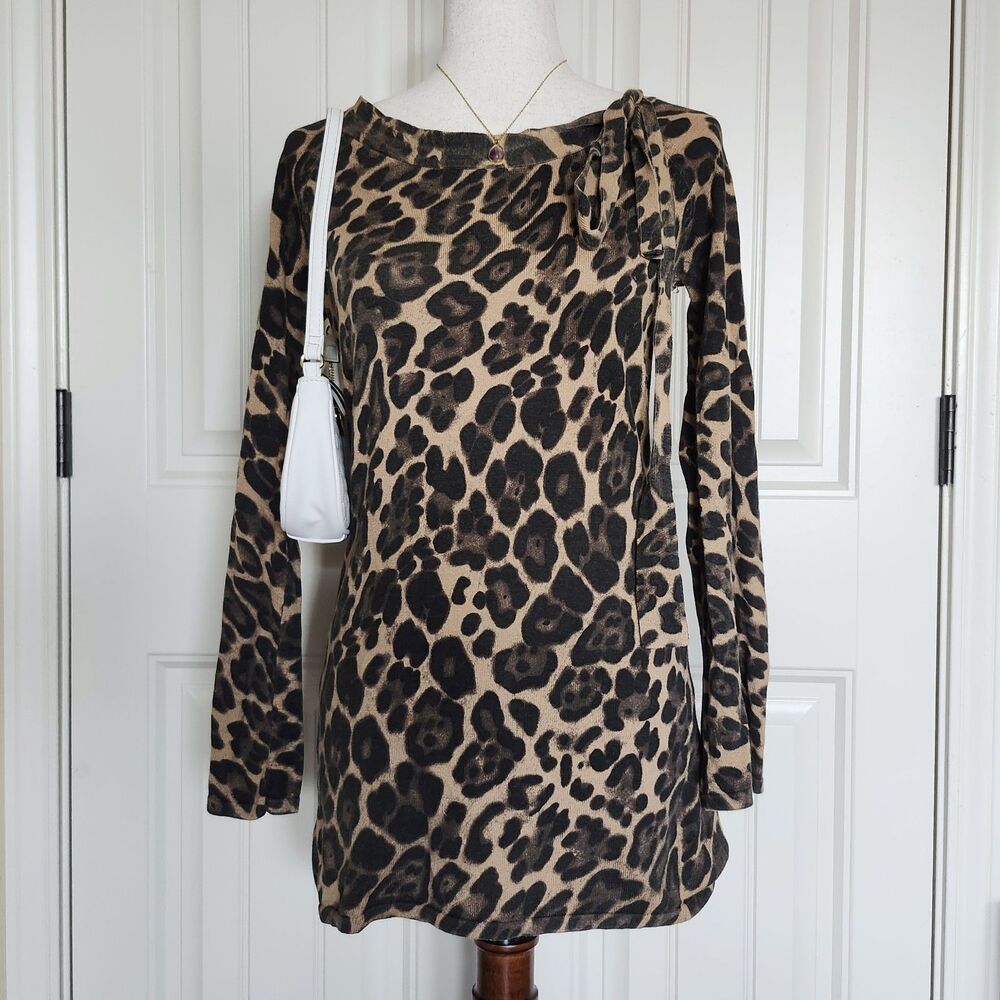 Spiegel Brown Leopard Boat Neck Tie Long Sleeve Top Size S